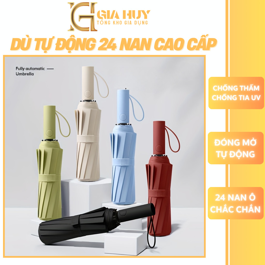 Dù che mưa 24 nan cao cấp, đóng mở tự động bằng nút bấm, Ô che nắng chống tia UV và chống thấm nước