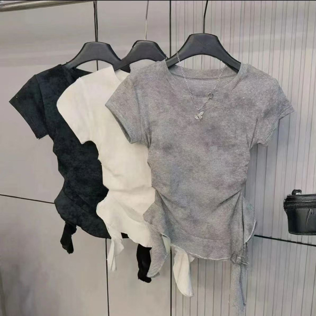 Áo thun nữ dáng ôm thời trang – Thiết kế lệch tà buộc eo, tay ngắn chất thun cotton mặc hàng ngày | BigBuy360 - bigbuy360.vn