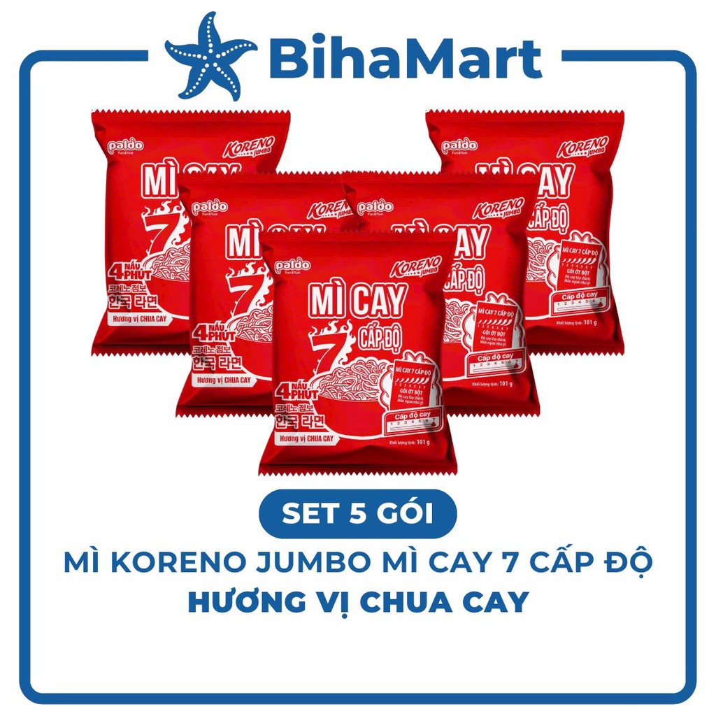 [SET 5 GÓI]- PALDO - Mì Koreno Jumbo mì cay 7 cấp độ hương vị Chua cay, Mì cay 7 cấp độ Koreno Jumbo