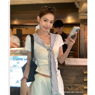 Khăn quàng cổ trắng, áo thun ngắn tay, vai nữ, thiết kế mùa hè, áo ngắn cổ chữ V vừa vặn và giảm béo