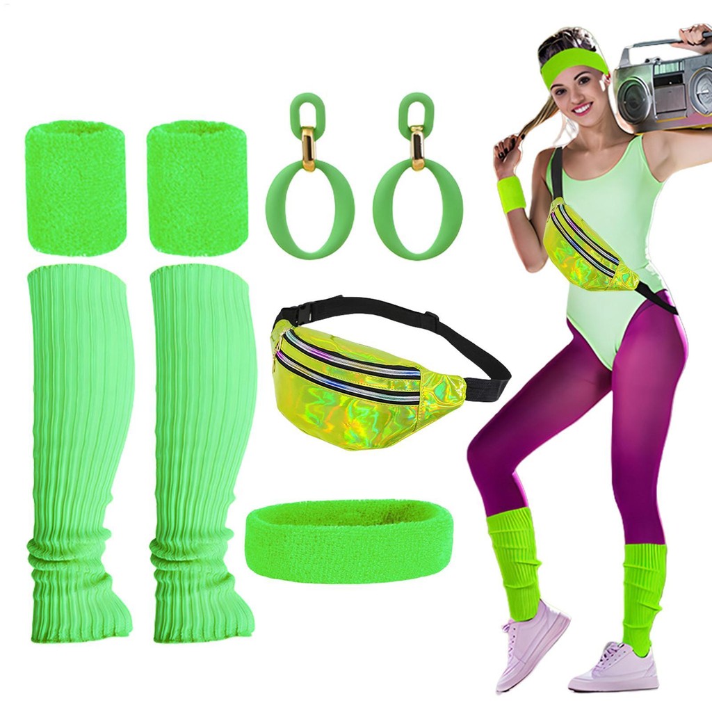 80s Outfit Costume Accessories Set Sportswear Men's Workout Costume Set Fanny Pack Retro Earrings Ne