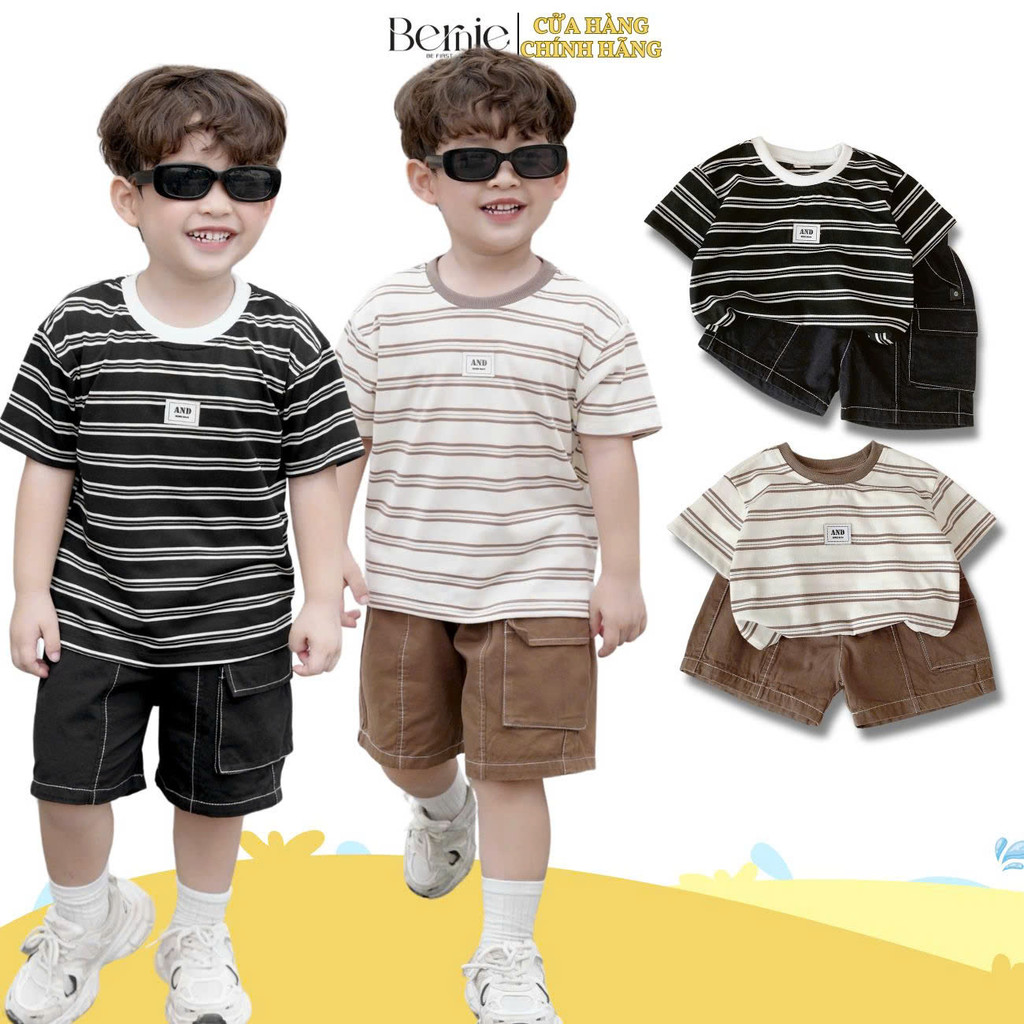 Đồ bộ cộc họa tiết kẻ ngang kèm quần kaki túi hộp cho bé trai size từ 9đến 24kg BERNIE KIDS P0125B23