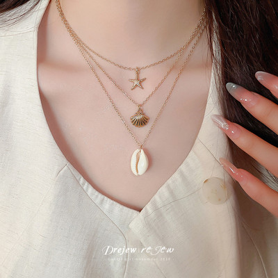 DREJEW 3 chiếc vòng cổ mặt dây chuyền ốc sên vỏ kim loại phiên bản Hàn Quốc, dây chuyền xương đòn phong cách kỳ nghỉ hè, phụ kiện đi lại thời trang và đa năng