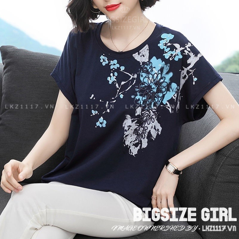 Áo kiểu trung niên nữ Bigsize Áo thun nữ trung niên cho mẹ form rộng tay ngắn cổ tròn in hình mùa hè