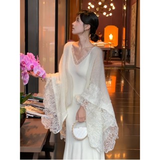 Set Váy 2 Dây Dáng Dài Cổ V Viền Bèo, Áo Choàng Viền Ren Kiểu Trung Quốc Mẫu Mới Gợi Cảm Sang Trọng