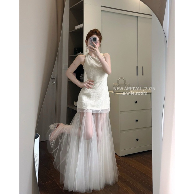 Váy đầm thiết kế khoét nách ôm body phối lưới xoè, Váy đầm chiết eo tùng lưới dự tiệc