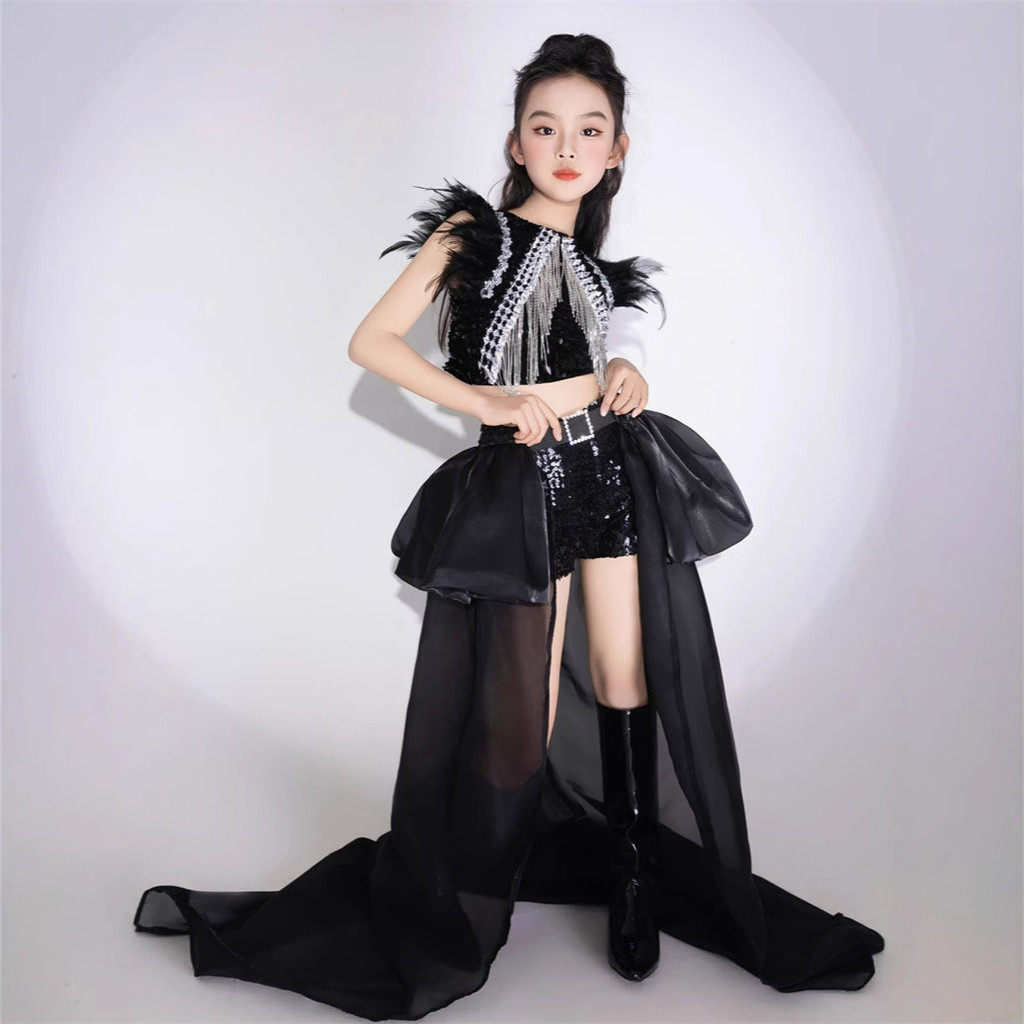 Bé Gái Đen Đính Kim Sa Lấp Lánh T-Taiwan Catwalk Phù Hợp Với Người Chơi Lớn Hợp Thời Trang Phù Hợp V