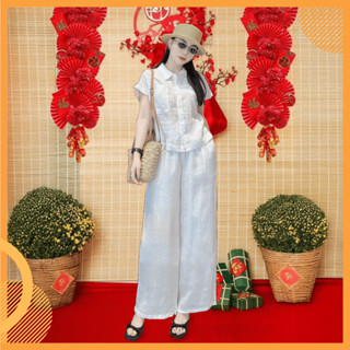 Set bộ nữ Sơ Mi Thu [45-82kg], Set Bộ Nữ áo sơ mi tay ngắn cùng quần ống suông chất liệu đũi tơ xước cao cấp K81