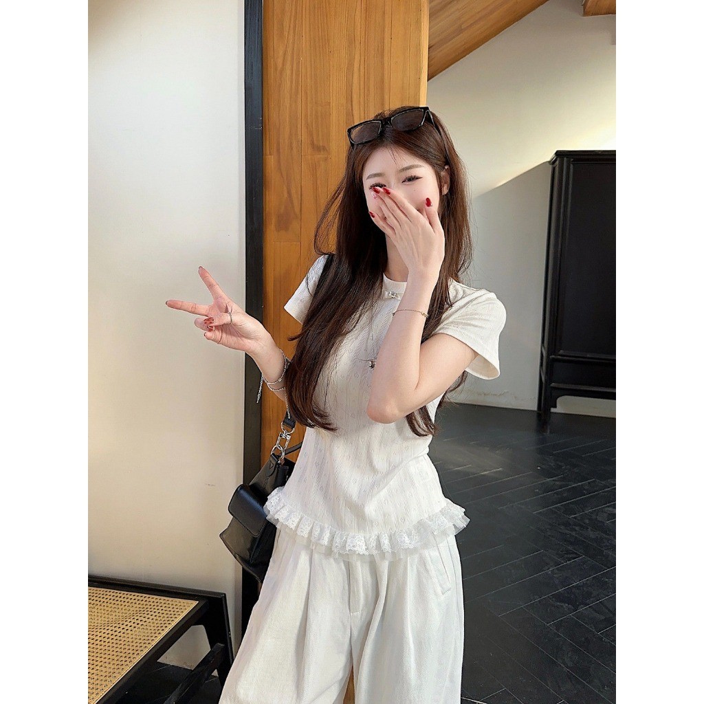 Meet-Adm Áo Thun Ngắn Tay Ren Ren Đơn Giản Jacquard Phiên Bản Hàn Quốc | BigBuy360 - bigbuy360.vn