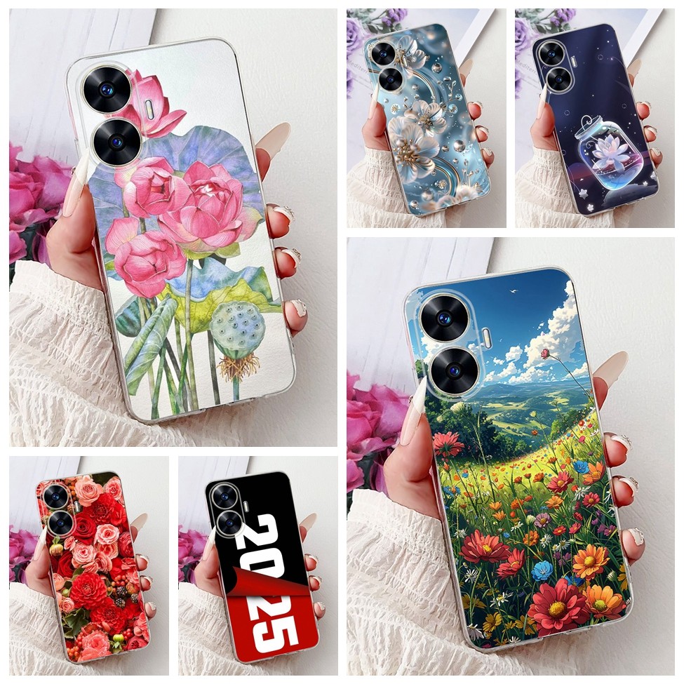 Trong Suốt Cho Realme C55 Ốp Lưng RMX3710 Thẩm Mỹ Mèo Dễ Thương Thời Trang Hoa Sơn Mặt Sau Cho C55 R
