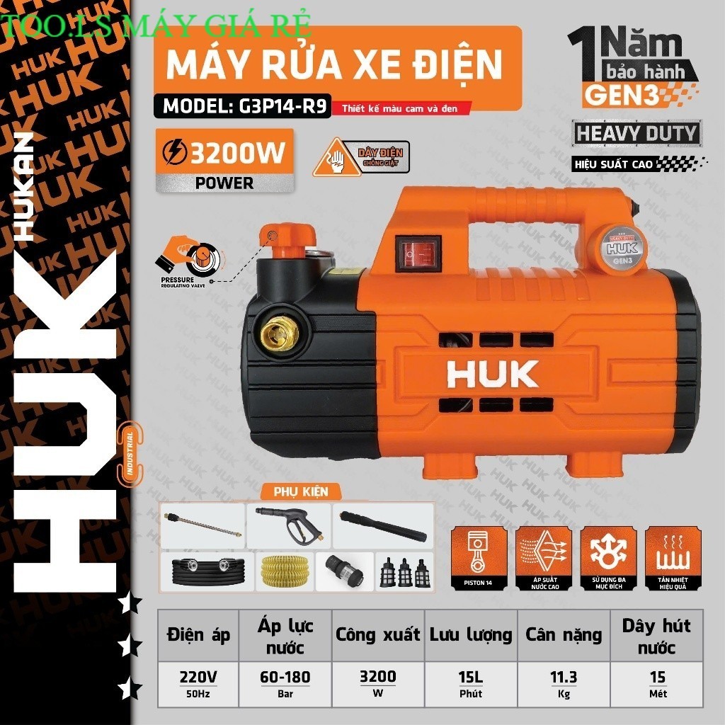 Máy rửa xe chỉnh áp HUKAN G3P14-R9, 3200W, Động cơ không chổi than,  Có ÁT CHỐNG GIẬT TOOLS GIÁ RẺ
