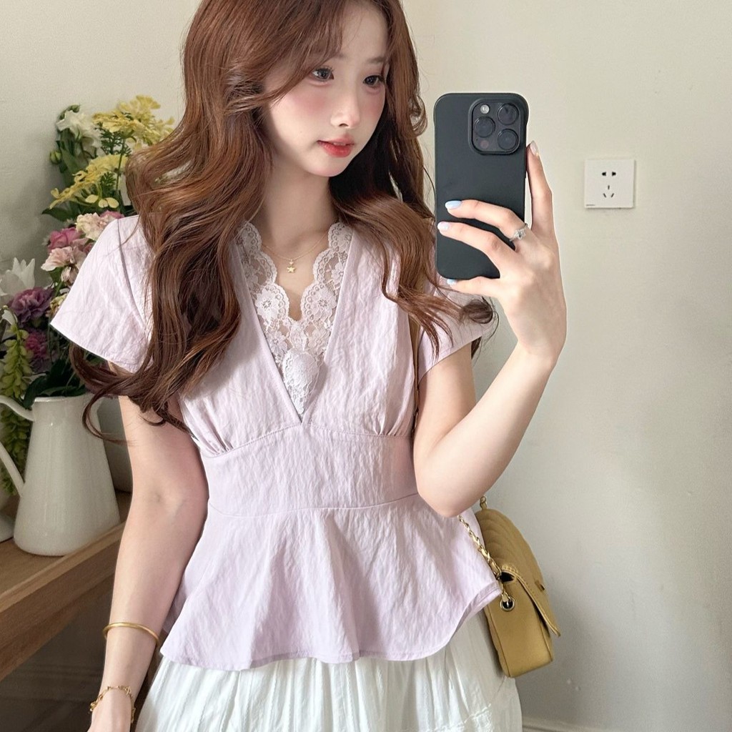 Áo Sơ Mi Ngắn Tay Cổ V Phối Ren Phong Cách Hàn Quốc Thanh Lịch Mới Mùa Hè Cho Nữ Thời Thượng | BigBuy360 - bigbuy360.vn
