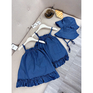 Váy 2 Dây Bò (Kèm Mũ) Màu Xanh Chun Ngực Xinh Xắn Cho Bé Gái 10-30kg