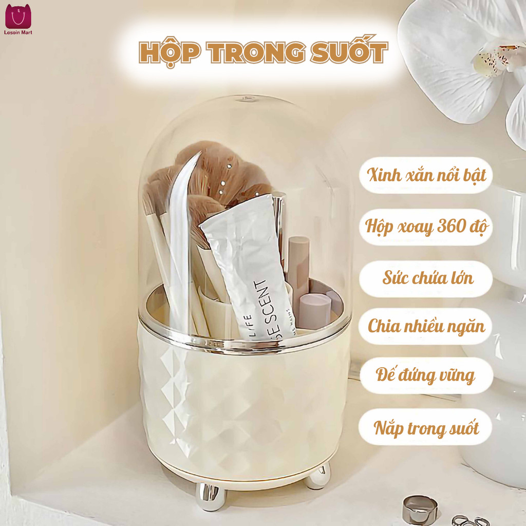 Hộp đựng cọ trang điểm xoay 360 độ có nắp trang trí, hộp đựng cọ trang điểm xoay trong suốt