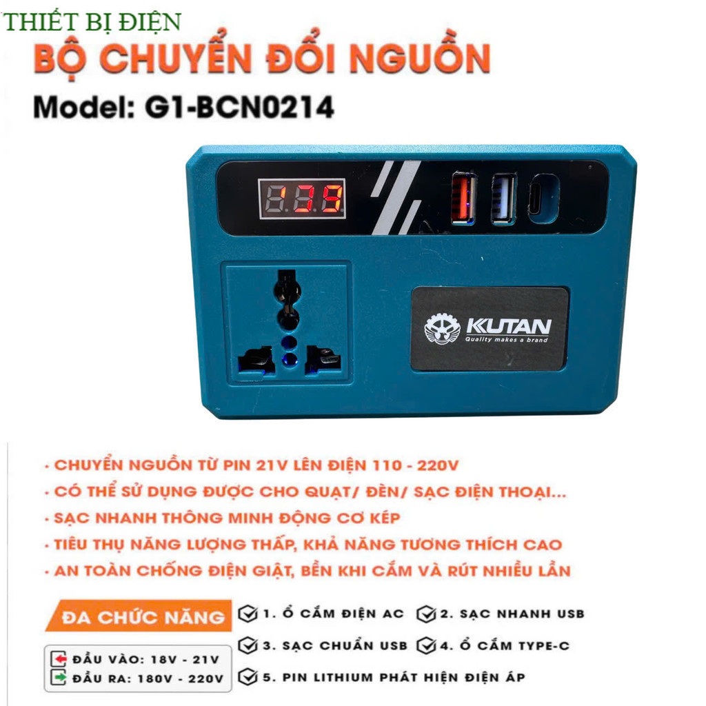 Đế chuyển đổi nguồn điện KUTAN G1-BCN0214, Màn led hiển thị điện áp, sạc điện thoại... Thiết BỊ Điện
