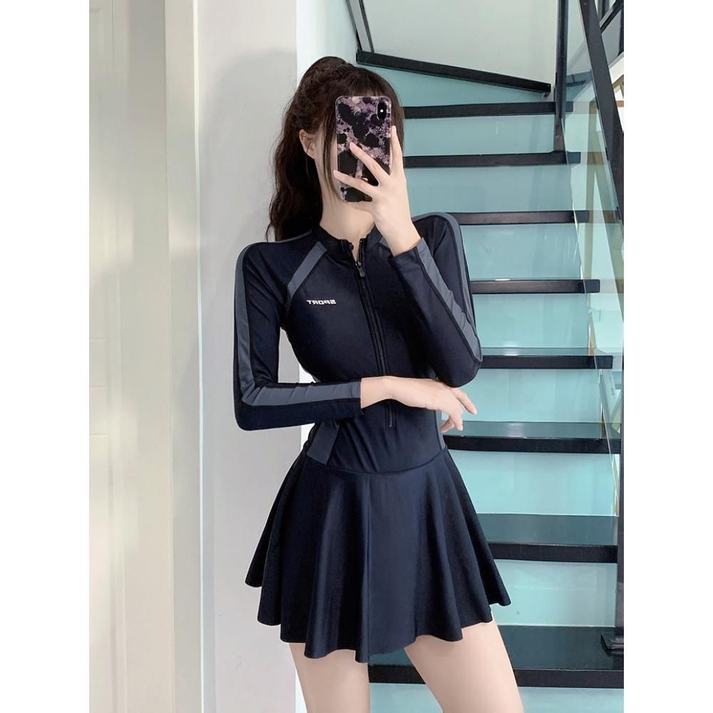 Bikini đi biển liền thân cho nữ đồ bơi dài tay 1 mảnh kín đáo du lịch thời trang dáng váy phong cách