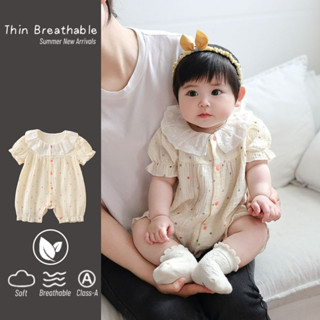 Mùa Hè Mới Quần Áo Cho Bé Gái Mỏng Tay Ngắn Body 0-24 Tháng Gạc Cotton Nguyên Chất Chấm Bi Siêu Dễ Thương Ren Cổ Áo Liền Quần
