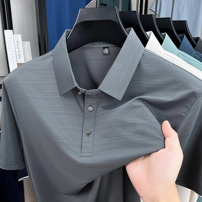 Áo thun nam có sọc lụa băng tay ngắn dáng rộng cổ áo Polo mỏng thoáng khí LY28