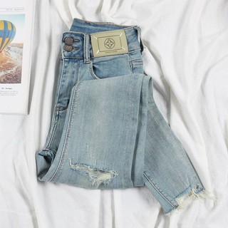  Jiashucheng Màu sắc hoài cổ retro ~ Quần jeans rách mỏng mùa hè cho phụ nữ kiểu dáng ôm sát mới quần dài đến mắt cá chân 