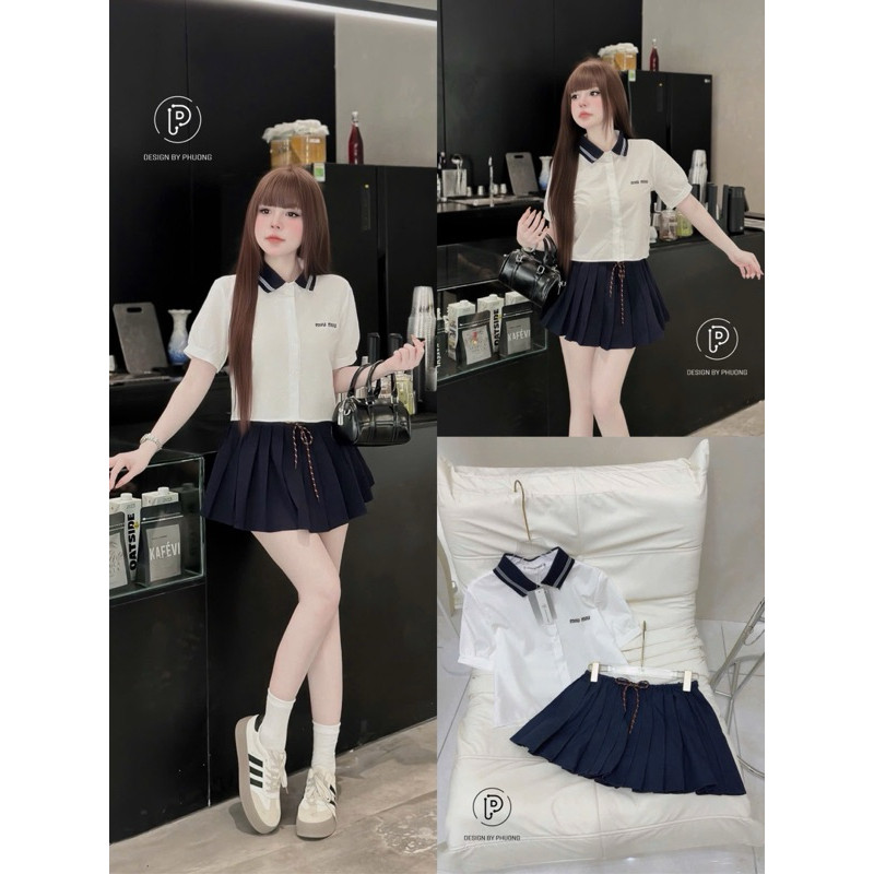 Set áo  trắng cộc tay mix chân  xếp li trẻ trung xinh đẹp HACHIKEN DESIGN2 KENG