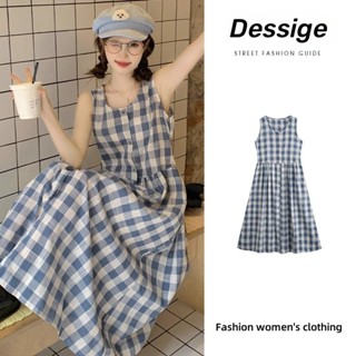 Dessige Váy trễ vai đi biển Đầm maxi dáng dài Váy không tay kẻ caro mùa hè mới vintage thoải mái dài