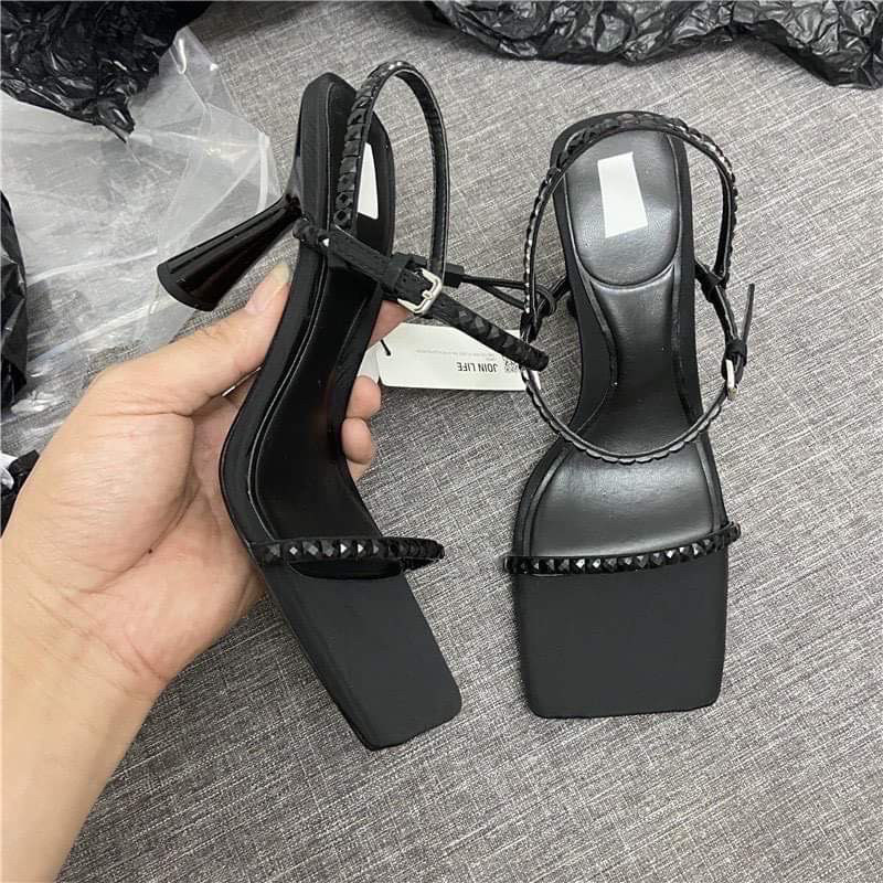HC Sandal quai mảnh đá đen Zrfull box] 9cm [HÀNG SẴN Chuẩn logo ZR] HC