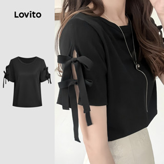 Lovito Áo thun ren trơn giản dị xẻ tà mùa hè mùa xuân màu đen dành cho nữ L134ED607