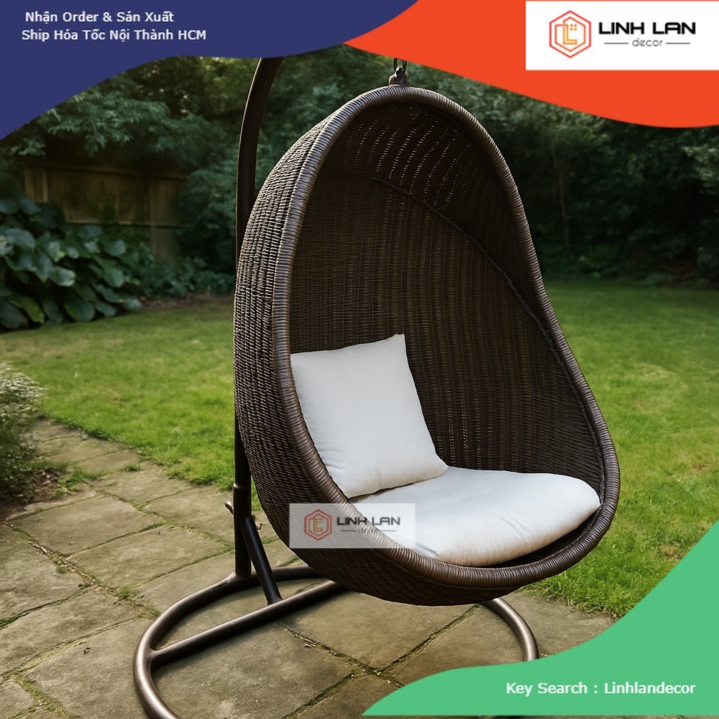 [HÀNG ĐẶT] 012 – Ghế Xích Đu Xuất Khẩu Cao Cấp, Poly Rattan Swing Chair | LinhLanDecor