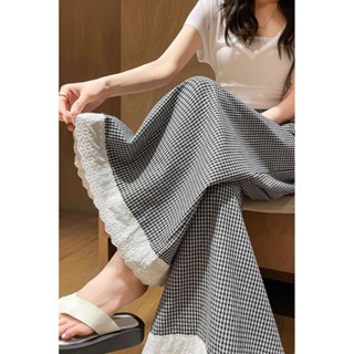 Quần váy ống rộng bằng lụa lạnh với viền ren kẻ caro cho phụ nữ, mùa hè, mỏng, xếp nếp, kích thước lớn, quần váy nửa ống thẳng chín phần mười