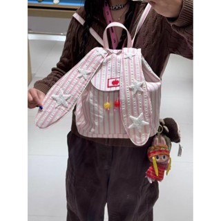  Ba lô thời trang phong cách Hàn Quốc mới sọc ngọt ngào dung tích lớn tai thỏ ba chiều ba lô thường ngày 