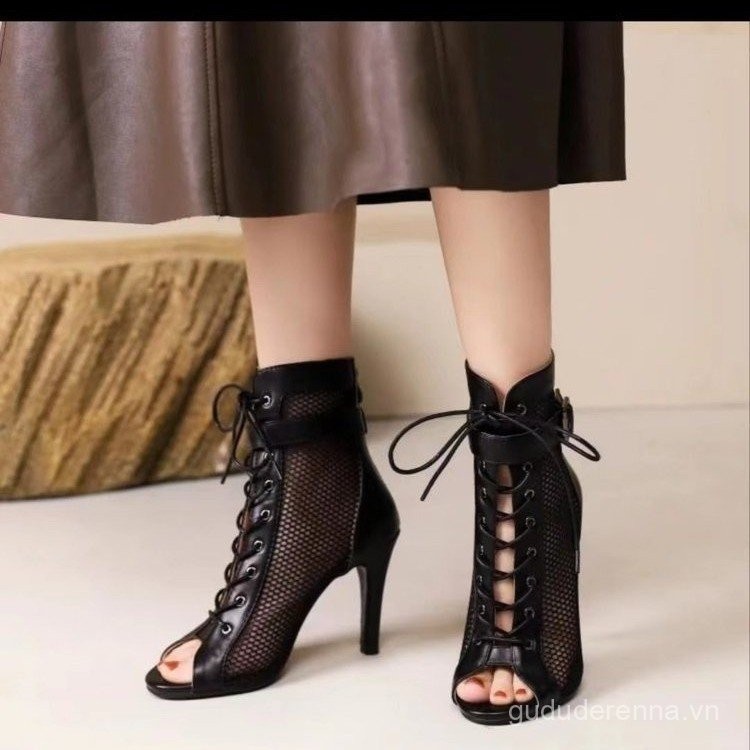 Giày sandal hở mũi lưới mới mùa hè 2025 cho phụ nữ, giày boot ngắn rỗng mùa hè, giày cao gót nhảy ja