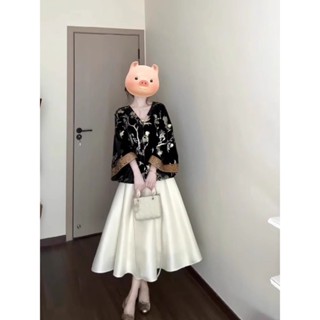 Set Áo Khoác Hoạ Tiết Hoa Tay Rộng, Váy 2 Dây A-Line Dài Vừa Phong Cách Trung Quốc Mới Thanh Lịch