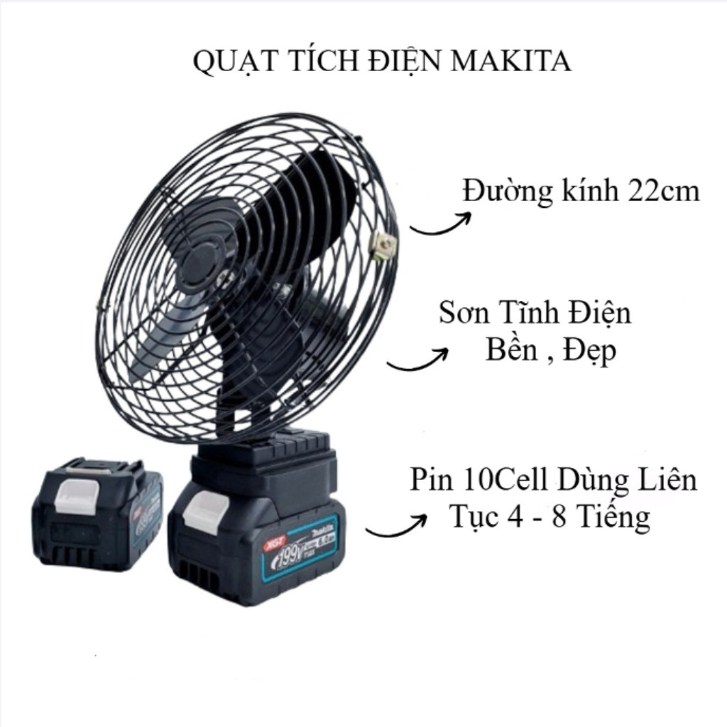 Quạt Tích Điện Makiita Pin 10 Cell Dùng Liên Tục 4-8H, Quạt Makiita Để Bàn 2 Cấp Độ Gió