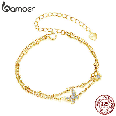 Vòng Tay Bạc Bamoer 925 Hai Lớp Hình Bướm Trang Sức Màu Vàng Quà Tặng Cho Nữ