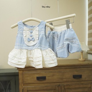 E109 Tiny Winy - Set đồ tiểu thư áo ba lỗ cách điệu đính nơ cổ kèm quần bloomers màu XANH cho bé gái