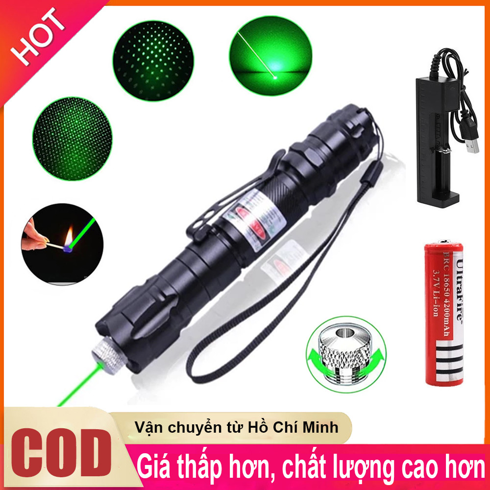 Đèn siêu mạnh Pin Laser 009 Full Kim Loại Chiếu Xa Trên Kèm 1 Pin 18650 Và Đầu Hoa Văn Công Tắc Bấm Có Khuy Cài Thân