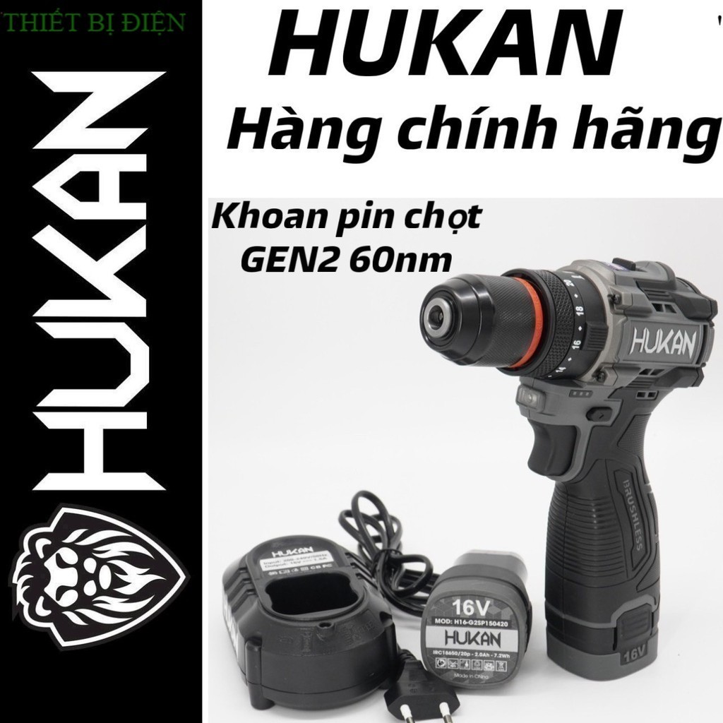 [GEN2] Máy khoan pin Hukan cao cấp H16-G2CD1612/ lực siết 60N/ bộ 2 pin dòng xả 15C kèm 1 sạc 1.5A .