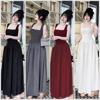 (4 MÀU) Đầm maxi đi biển hai dây cổ u có mút dáng tùng xoè dài - Thun gân lạnh/lụa gió H07 SUMI HOUSE