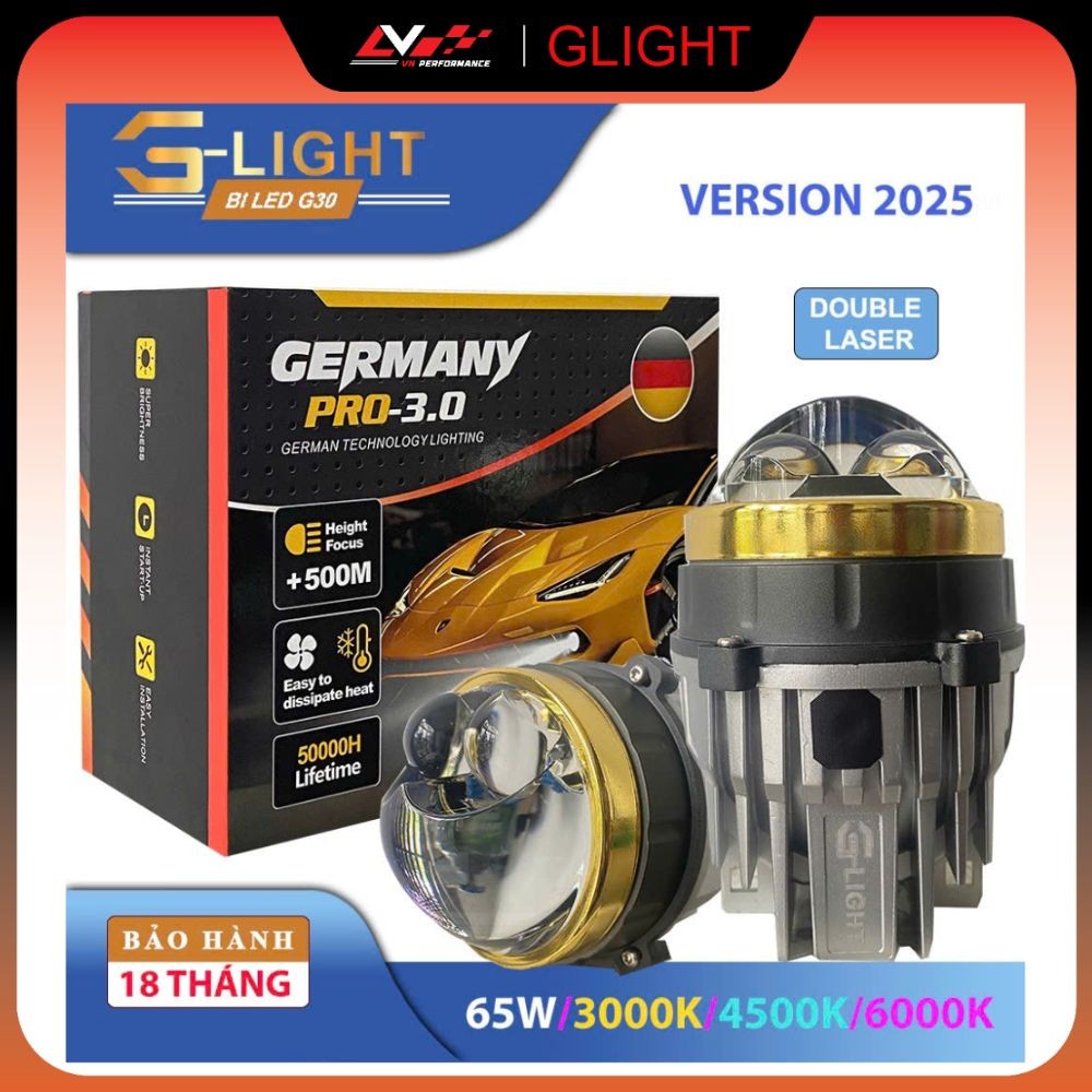 Bảo hành 3 Năm  [Bộ 2 bi] Đèn bi gầm led 3 nhiệt màu trợ pha Laser, 2 mắt êch Chíp led 6+3 Glight 30