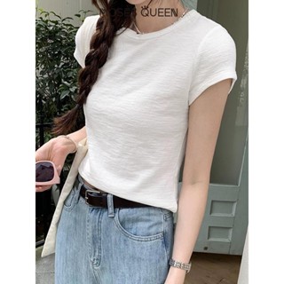 MOESSQUEEN   Slim Màu Trơn Thời Trang Top 2025 Mùa Hè Mới Slim Joker Họa Tiết Sense Cổ Tròn Vai Áo Thun Tay Ngắn #62955