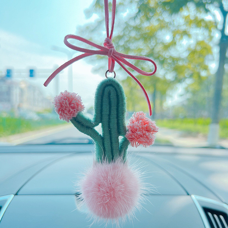 【Ready Stock】 Creative Weaving Cactus Car Rearview Mirror Pendant Cute Mink Hair Goddess Car Accesso
