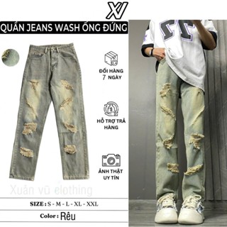 quần suông ống rộng jean màu bụi rách Menswear Nam Ong Pants Có Túi Loang Đen regular  fit jeans