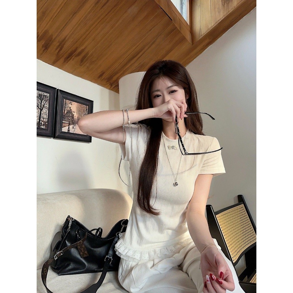 Meet-Adm Áo Thun Ngắn Tay Ren Ren Đơn Giản Jacquard Phiên Bản Hàn Quốc | BigBuy360 - bigbuy360.vn