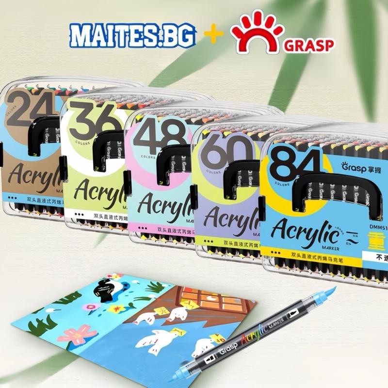 Bút Acrylic Marker Grasp 2 Đầu Brush & Bullet 24/36/48/60/84 Màu – Vẽ Mọi Chất Liệu, Không Thấm Giấy