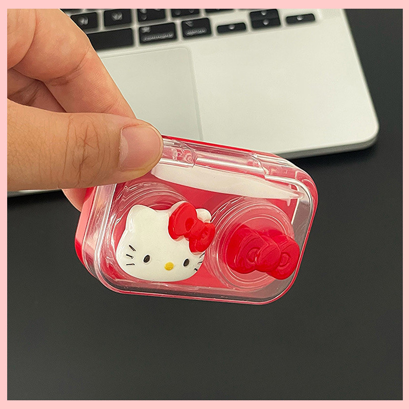 [Sẵn sàng] Hộp đựng ống kính tiếp xúc dễ thương và nhỏ gọn Kitty Red Bow Tie - Hộp đồng hành chống r
