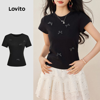 Lovito Áo thun đen nơ mùa hè giản dị dành cho nữ L136AD175