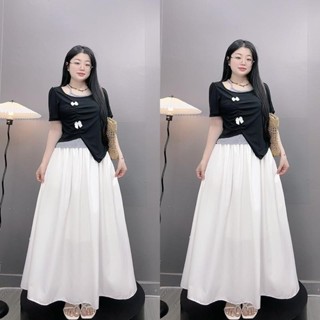 Set Áo Váy Bigsize Nữ (55-90Kg) Áo Thun Cổ Yếm Đính Nơ Mix Váy Dài Nàng Thơ -A278 + CV15
