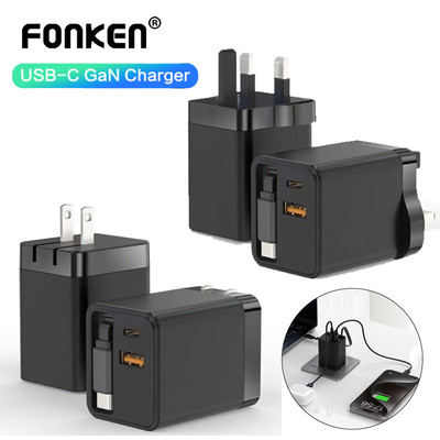 Fonken 40W US UK Cắm GaN Sạc Nhanh Cáp Type-C Có Thể Thu Vào Có Cổng Sạc USB Type-C Cho Điện Thoại Laptop