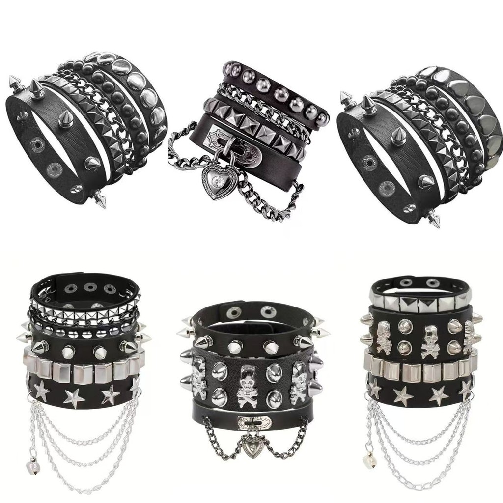 Bông Tai Kẹp Punk Thời Trang Đinh Tán Đầu Lâu Tua Rua Da Vòng Tay Bộ Dành Cho Nam Nữ Gothic Vòng Tay Trang Sức