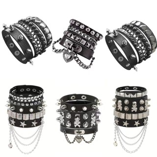 Bông Tai Kẹp Punk Thời Trang Đinh Tán Đầu Lâu Tua Rua Da Vòng Tay Bộ Dành Cho Nam Nữ Gothic Vòng Tay Trang Sức
